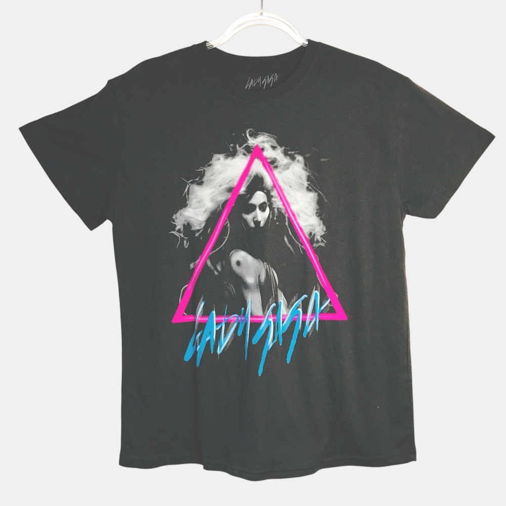Lady Gaga Graphic Tee Shirt Charcoal Gray Neon Pink Triangle Large 2022 Bravado
